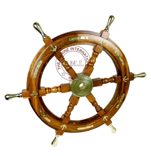 Nautical Wooden Ship Steering Wheel With Brass Handle Anchor 18 Inch